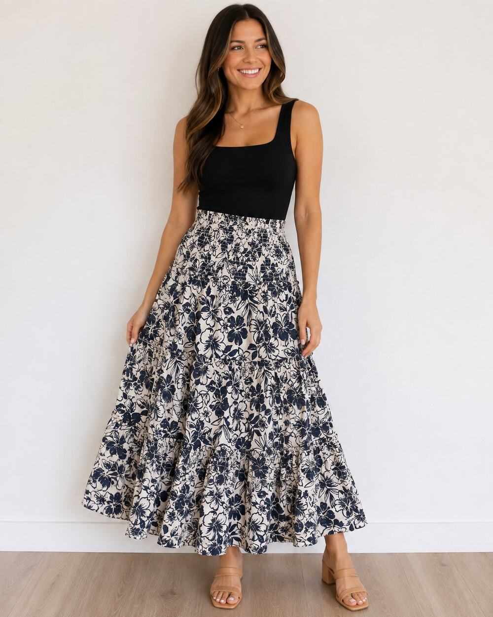 American Eagle Boho Floral Smocked Tiered Maxi Skirt Women M Black Cream